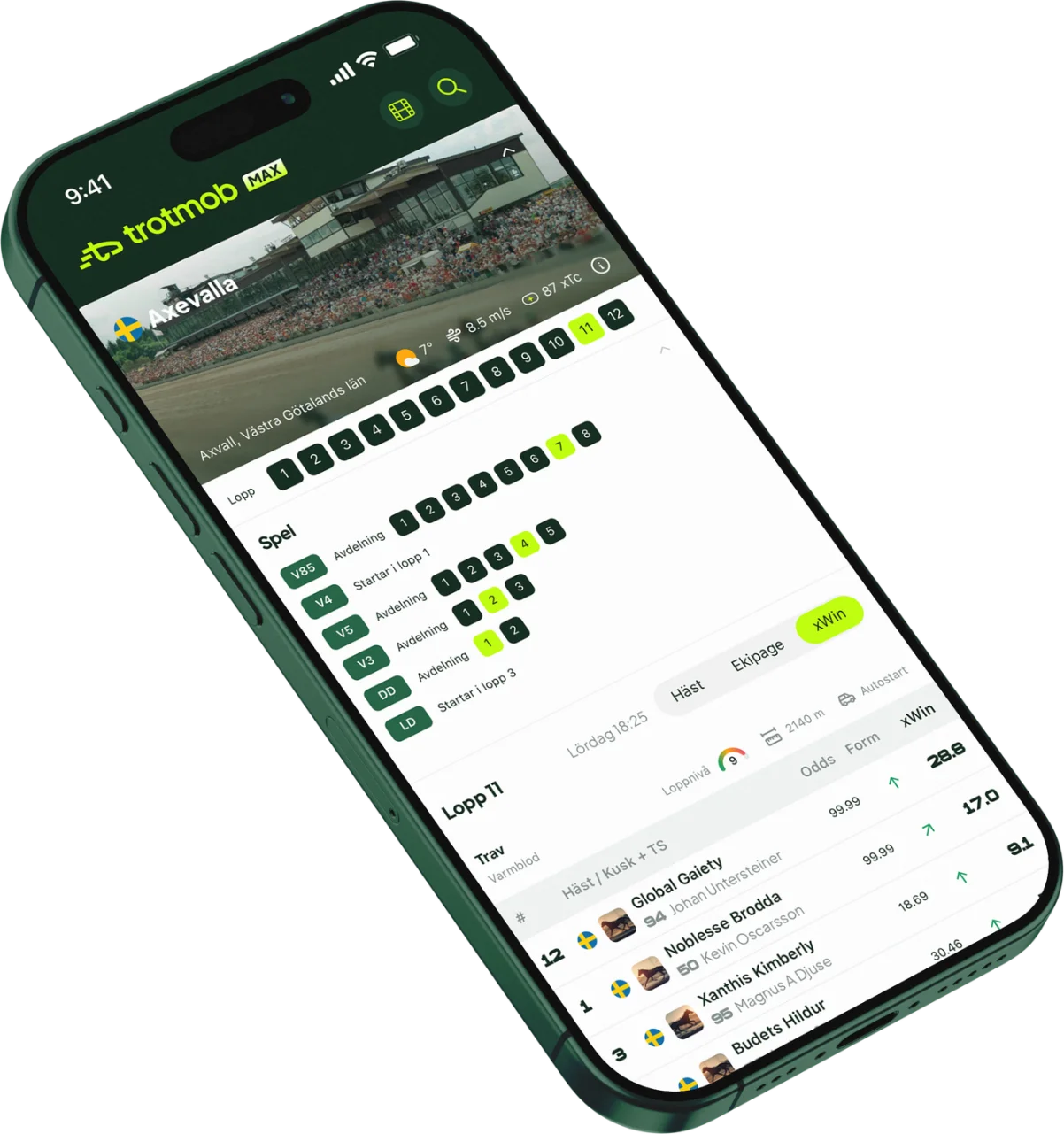 Trotmob-appen med loppvyn från Axevalla travbana: startlistor och xWin-odds